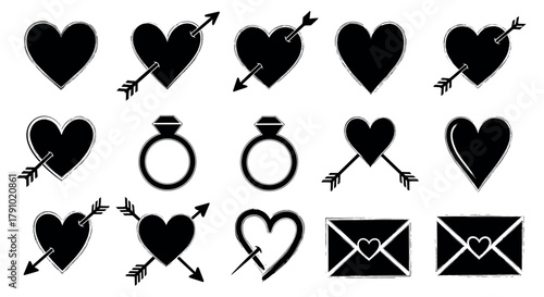 Set of black heart icons featuring arrows, rings, and envelopes, symbolizing love and romance in various designs.