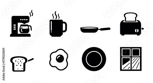 Black icons of a coffee maker, steaming mug, frying pan, toaster, toast with butter, sunny-side-up egg, plate, and a four-pane window.