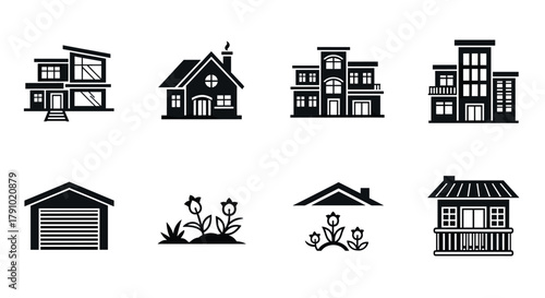 Black silhouette icons of various building types, including houses, apartments, a garage, and garden elements, showcasing diverse architectural styles.