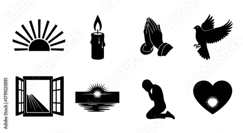 Black silhouette icons depicting a sunrise, lit candle, praying hands, flying dove, open window, sun over water, kneeling person in prayer, and a heart with a light.