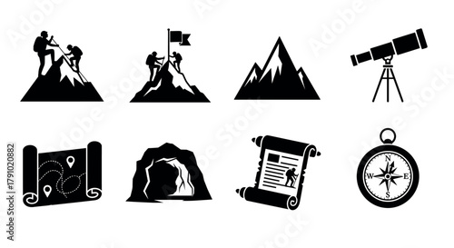 Black silhouette icons depicting various outdoor adventure activities, including mountain climbing, exploration tools, and navigation items.