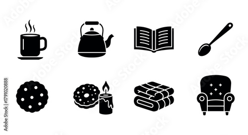 Simple black icons of a steaming coffee cup, a kettle with a handle, an open book, a spoon, a cookie, a donut with a candle, folded towels, and an armchair.