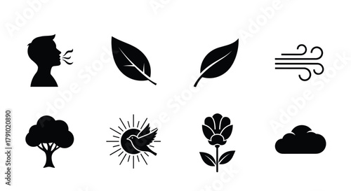 Black outline vector icons depicting a person blowing air, leaves, wind, tree, bird, flower, and cloud, symbolizing nature and elements.