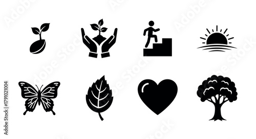 Collection of black silhouette icons depicting a sprouting seedling, hands nurturing a plant, person climbing stairs, sunset, butterfly, leaf, heart, and tree.
