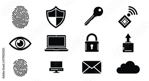 A collection of black and white security icons including fingerprint, shield, key, rfid tag, eye, laptop, padlock, file upload, computer, email, and cloud symbols.