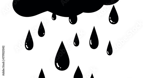 Black raindrops falling from a dark cloud in a simple illustrative style, highlighting weather and nature concepts.