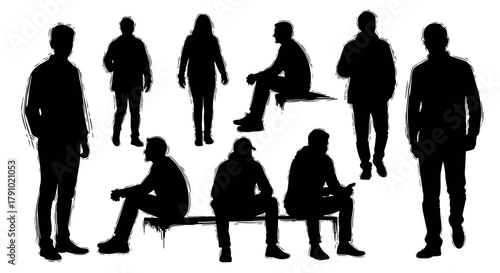 Nine silhouetted figures of varying genders and ages, standing or sitting, highlighting diverse postures and interactions.
