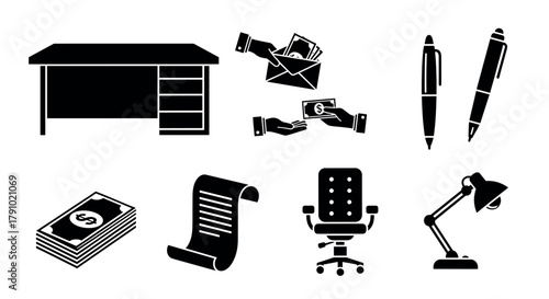 Black silhouette icons depicting office items including a desk, envelope with money, pens, banknotes, scroll, office chair, and desk lamp.