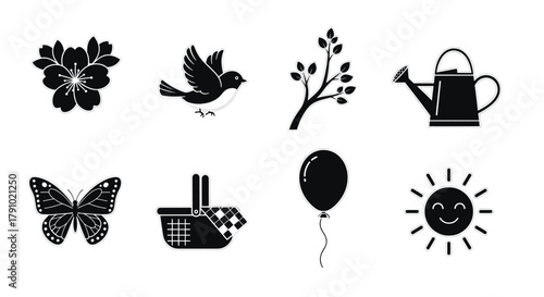 Black silhouette icons of a flower, bird, tree branch, watering can, butterfly, picnic basket, balloon, and smiling sun.