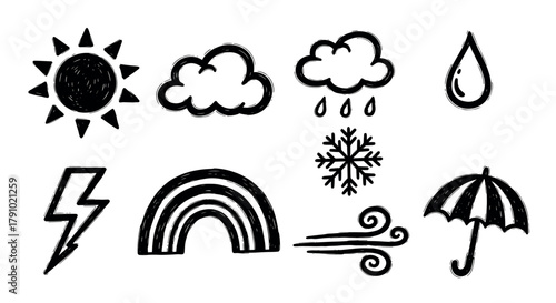 Hand-drawn black outline weather icons featuring sun, clouds, raindrop, snowflake, lightning, rainbow, wind, and umbrella.