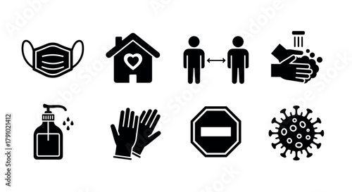 Black icons depicting pandemic safety measures including mask-wearing, social distancing, handwashing, hand sanitizer, gloves, and quarantine symbols.