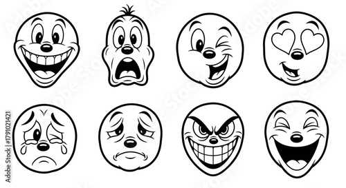 Set of eight black outline emoticons displaying various facial expressions including joy, shock, affection, sadness, and mischief.