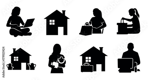 Silhouettes of individuals engaging in various activities, including working on a laptop, shopping, sewing, and using a computer, alongside images of houses and shopping bags.