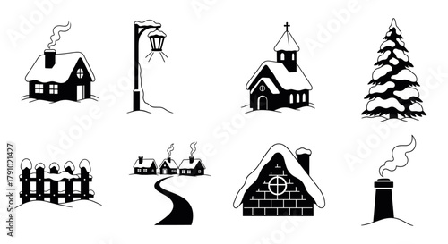 Black silhouette icons of winter scenes including a snow-covered house, street lamp, church, pine tree, fence, two houses on a path, house roof, and chimney.