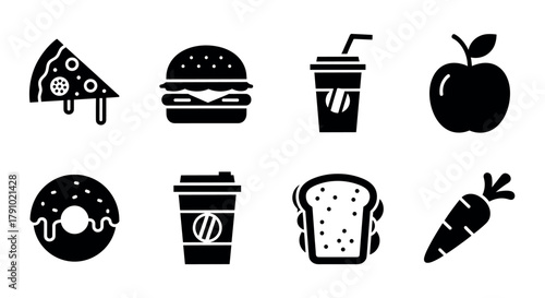 Black silhouette icons of various food and drink items including pizza, burger, soda, apple, donut, coffee, sandwich, and carrot.