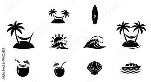 Black silhouette icons of tropical islands with palm trees, surfboards, waves, coconuts with straws, shells, and a boat symbolizing beach and summer themes.