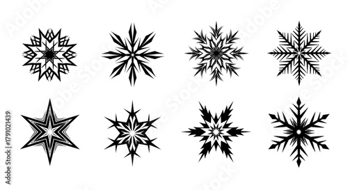 A collection of eight intricate black geometric snowflake designs arranged in two rows, each with unique patterns and sharp angles.
