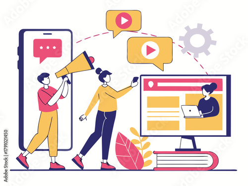 Flat design of social media marketing team, influencer promotion, digital advertising concept, bright modern color palette, isolated on white background