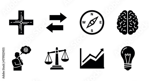 Set of eight black silhouette icons depicting a crossroads, bidirectional arrows, a compass, a brain, a person contemplating, scales of justice, a rising chart, and a lightbulb.