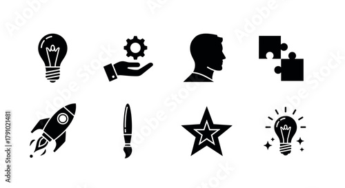 A collection of black icons depicting a light bulb, hand with a gear, human head profile, puzzle pieces, rocket, paintbrush, star, and an illuminated light bulb.