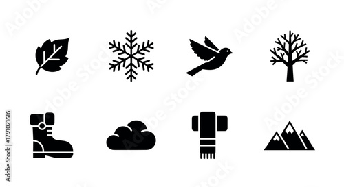 Black silhouette icons of a leaf, snowflake, bird, tree, boot, cloud, scarf, and mountains arranged in two rows.