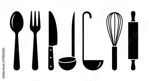 Black silhouette icons of various kitchen utensils including a spoon, fork, knife, ladle, whisk, and rolling pin, arranged in a row.