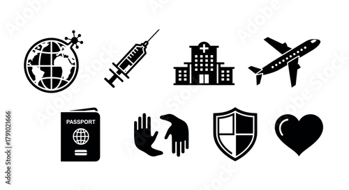Black silhouette icons depicting global health concepts including a globe with a virus, syringe, hospital, airplane, passport, hands, shield, and heart.