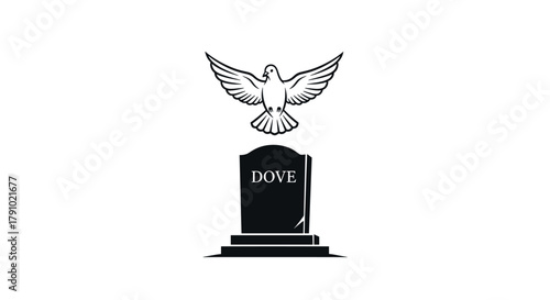 A symbolic black outline illustration of a dove flying above a dark tombstone, representing peace and remembrance.