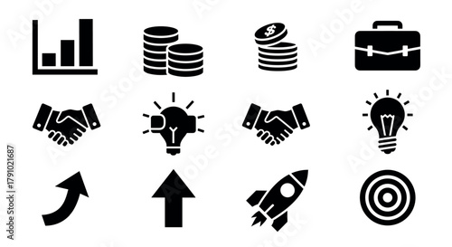 Black business icons including graphs, coins, briefcase, handshake, lightbulb, arrows, rocket, and target, symbolizing finance, innovation, and achievement.