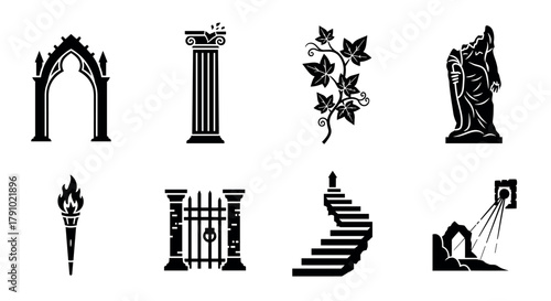 Eight black silhouette icons depicting medieval and ancient architecture elements, including a torch, column, staircase, and a statue.