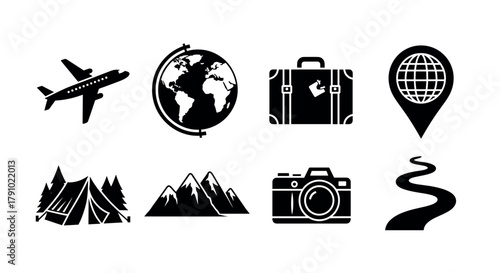 Black silhouette icons of various travel-related objects, including an airplane, globe, suitcase, location pin, camping tent, mountains, camera, and winding path.