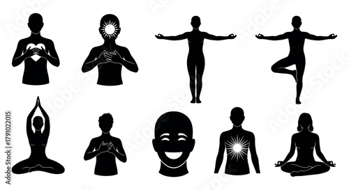 Silhouettes of various yoga and meditation poses, demonstrating mindfulness and balance through diverse postures.