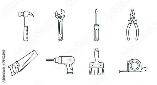 Black outline icons of various hand tools including a hammer, wrench, screwdriver, pliers, saw, drill, paintbrush, and measuring tape.