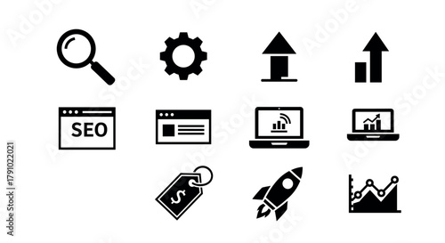 Set of black business and technology icons including a magnifying glass, gear, arrows, seo browser, and a rocket, representing various digital concepts.