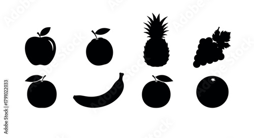 Black silhouette icons of various fruits including apple, plum, pineapple, grapes, orange, banana, and tangerine on a white background.
