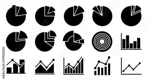 A collection of black pie charts and bar graphs in various shapes and sizes, representing data visualization and statistical concepts.
