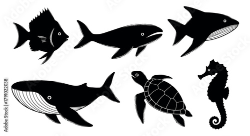 Silhouette illustrations of various sea creatures, including fish, a whale, a shark, a turtle, and a seahorse, depicted in a minimalist black style.