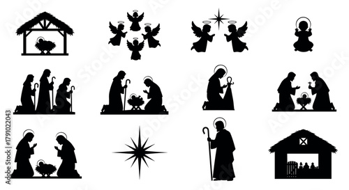 Silhouettes of nativity scenes depicting angels, shepherds, and the holy family with the baby jesus in various poses and arrangements.