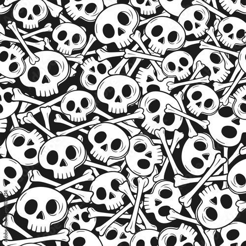 Monochrome Hand drawn Skull and Crossbones Spooky Halloween Seamless Repeat Pattern