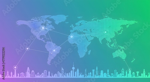 Abstract Digital World Map Network Connected to a Global City Skyline on Gradient Background