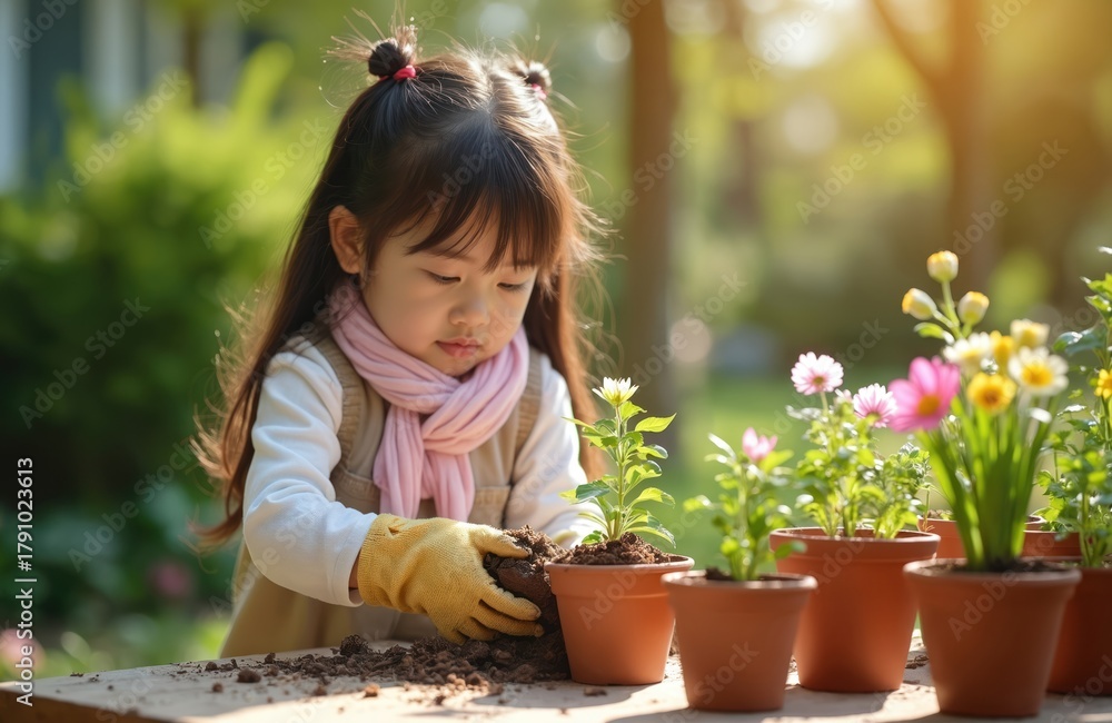 Fototapeta premium Young asian girl wears gloves, plants flowers in garden pots. Child learns about nature, caring for new green life outdoors. Springtime activity for kids.