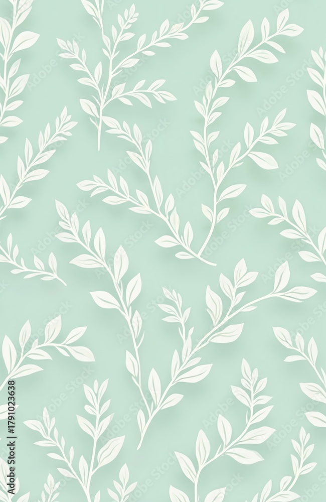 Fototapeta premium Seamless pattern features delicate white leafy branches. Leaves, vines repeat on soft mint green background. Natural botanical illustration creates tranquil, refreshing eco design, perfect for decor,
