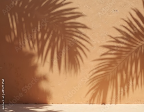 Shadows from palm leaves fall on an ochre textured wall. Tropical plants cast abstract shapes on a light beige surface. Minimalist background for summer vacation or travel themes.