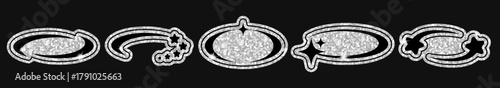 Y2K cosmic orbit elements in silver glitter, star and comet motifs, chrome rings and swooshes, shiny outline stickers on dark background, futuristic set for posters, branding, social media and prints.