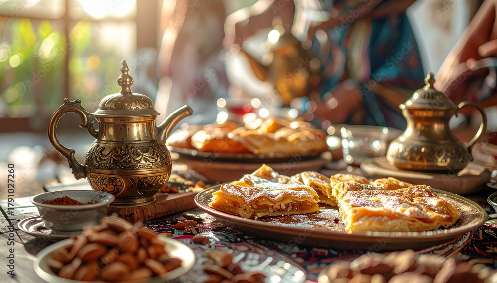 Fototapeta premium Explore the rich flavors of Maghrebi cuisine at a Moroccan table setting with pastries and tea