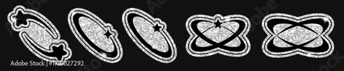 Y2K cosmic orbit elements in silver glitter: rings, comets, halos, atomic loops and bright stickers on dark background. Futuristic set for posters, branding, packaging, social media, merch and prints.