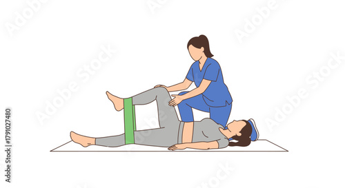 Physiotherapist assisting leg exercise with resistance band, physical therapy using resistance bands for rehabilitation and exercise at home to improve mobility and wellness today
