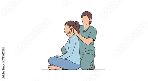 Physiotherapist performing neck therapy on seated woman, skilled chiropractor providing gentle neck adjustment for wellness, ideal for health campaigns and medical illustrations today