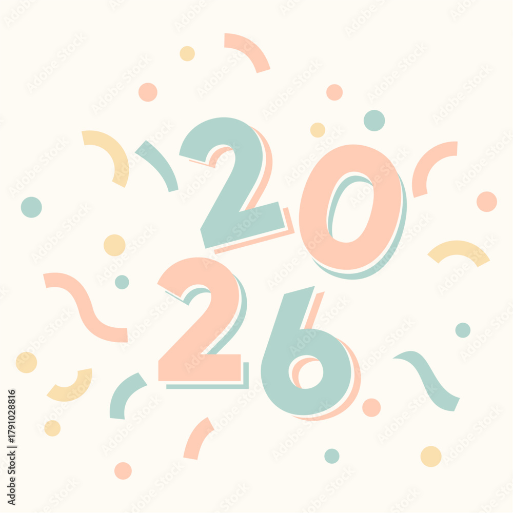 Fototapeta premium Happy New Year 2026 Celebration Poster with Confetti in Flat Design
