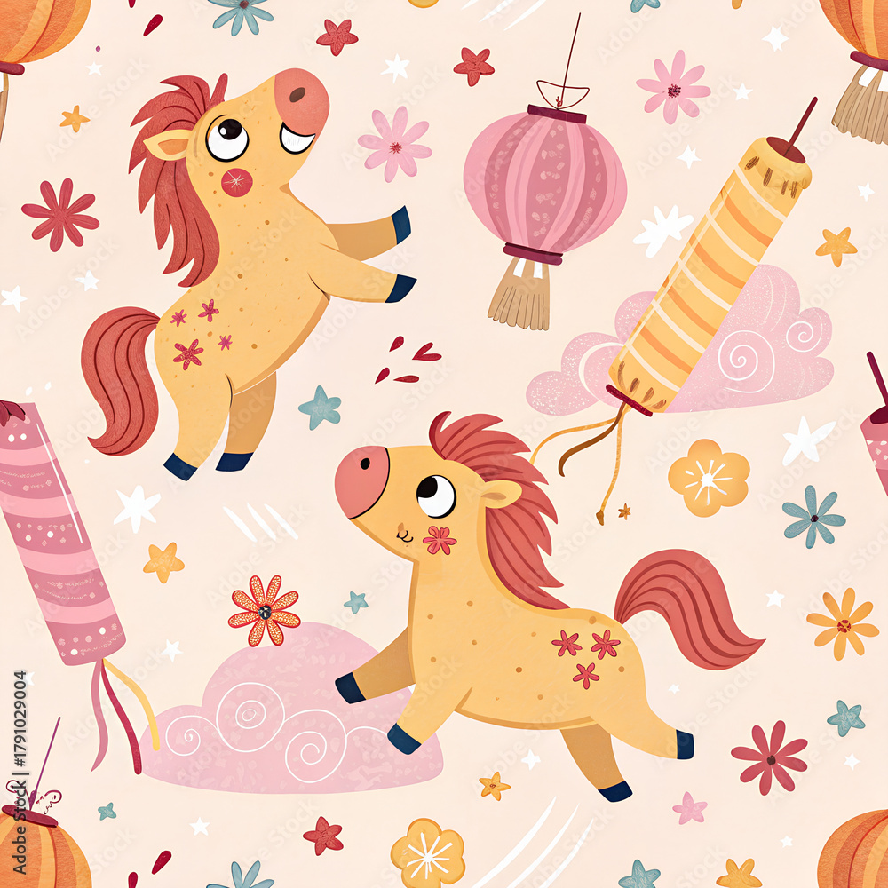 Naklejka premium Cute cartoon horses with firecrackers, lanterns, and confetti, seamless pastel pattern for kids’ products.